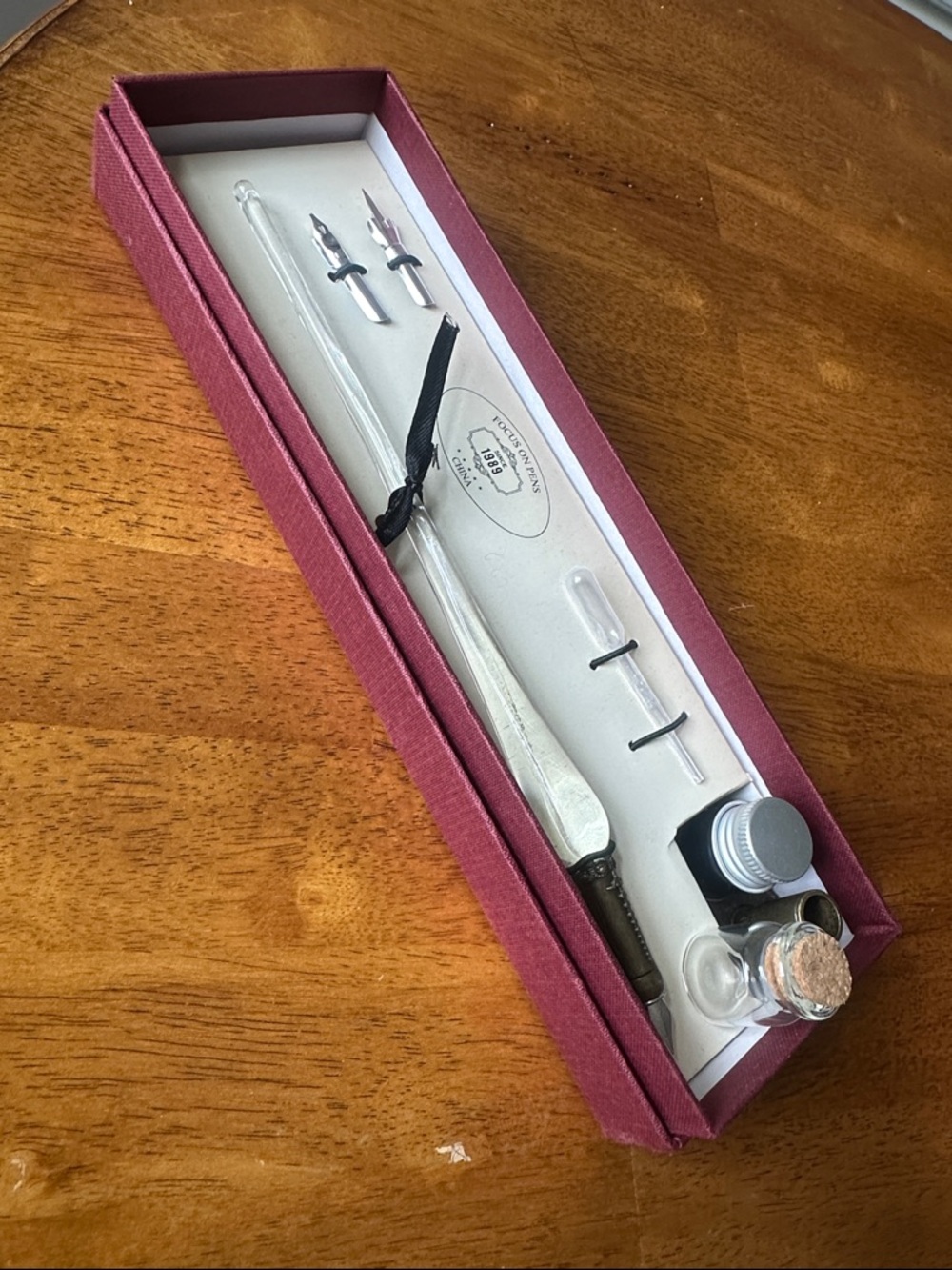 Glass Fountain Pen Set with Ink Bottles - Burgundy Box